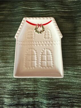 Holiday House Ceramic Dish in White with Red Accent